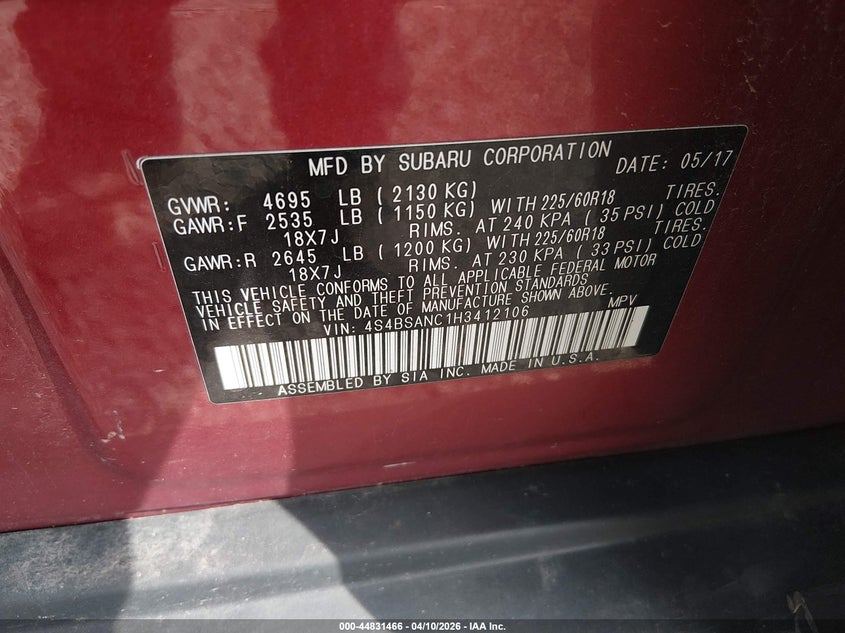 2017 Subaru Outback 2.5 2.5i Limited Red Lot 111044831466 Vin 4S4BSANC1H3412106