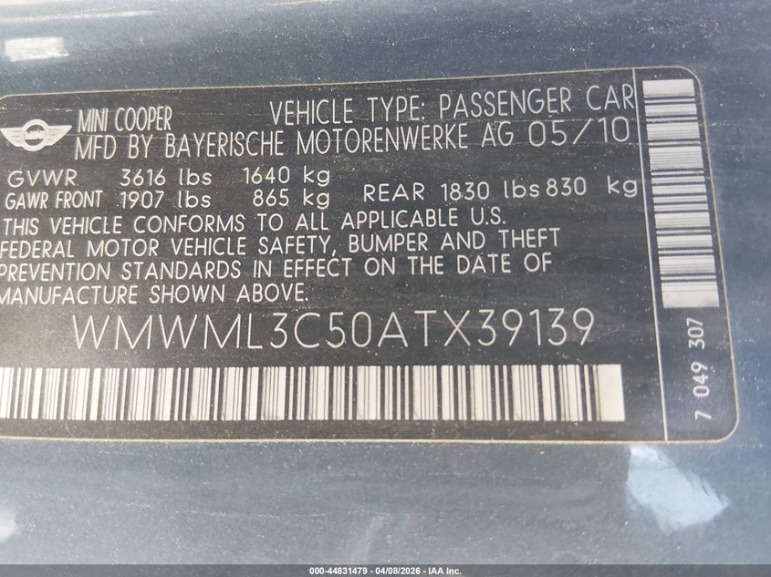 2010 Mini Cooper Clubman VIN: WMWML3C50ATX39139 Lot: 44831479