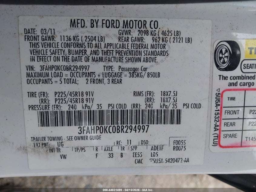 2011 Ford Fusion Sport VIN: 3FAHP0KC0BR294997 Lot: 44831499