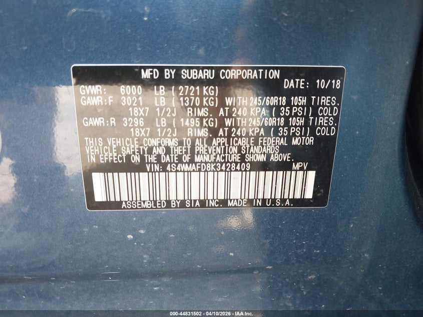 2019 Subaru Ascent Premium VIN: 4S4WMAFD8K3428409 Lot: 44831502