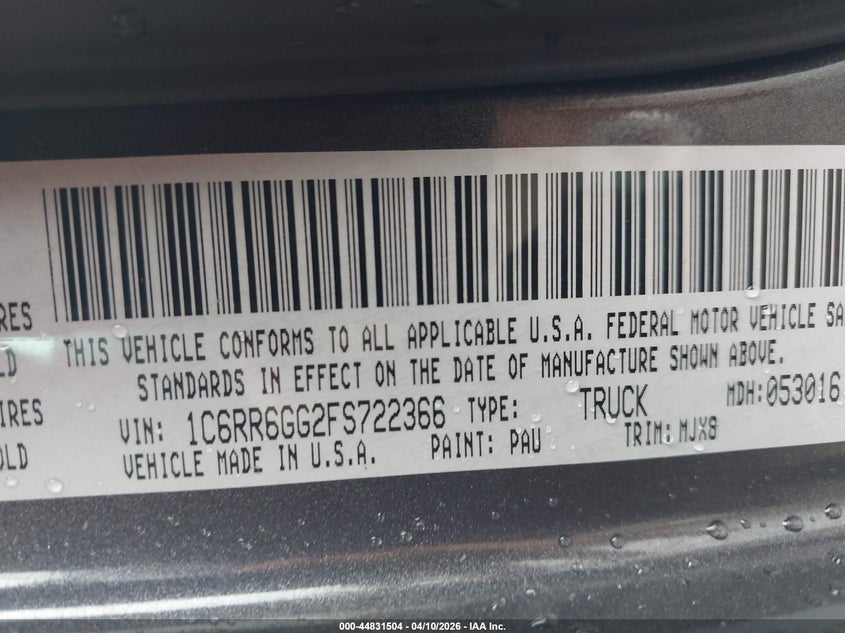 2015 Ram 1500 3.6 Ram Lone Star black Lot 111044831504 Vin 1C6RR6GG2FS722366