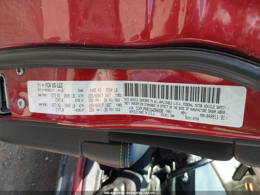 2016 Jeep Cherokee Sport VIN: 1C4PJMAB1GW286838 Lot: 44831535