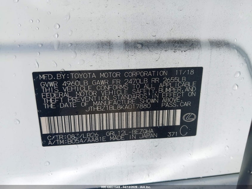 2019 Lexus Gs 350 F Sport VIN: JTHBZ1BL8KA017880 Lot: 44831549