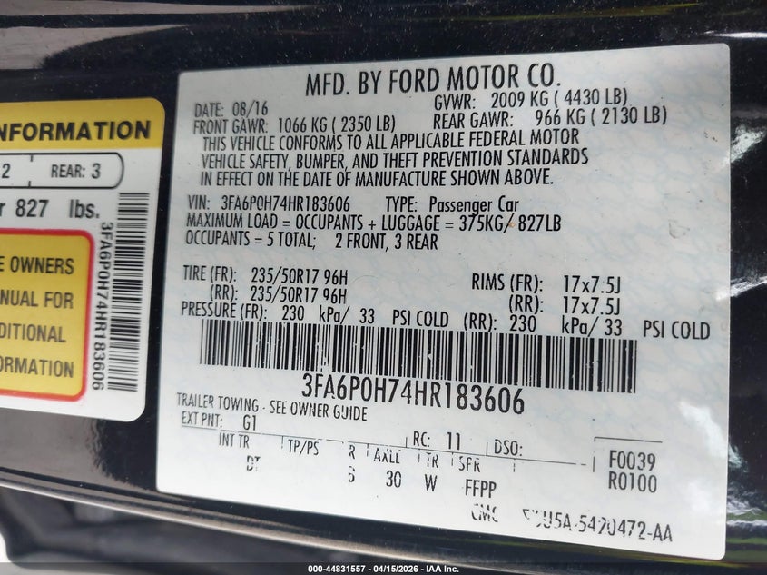 2017 Ford Fusion Se VIN: 3FA6P0H74HR183606 Lot: 44831557