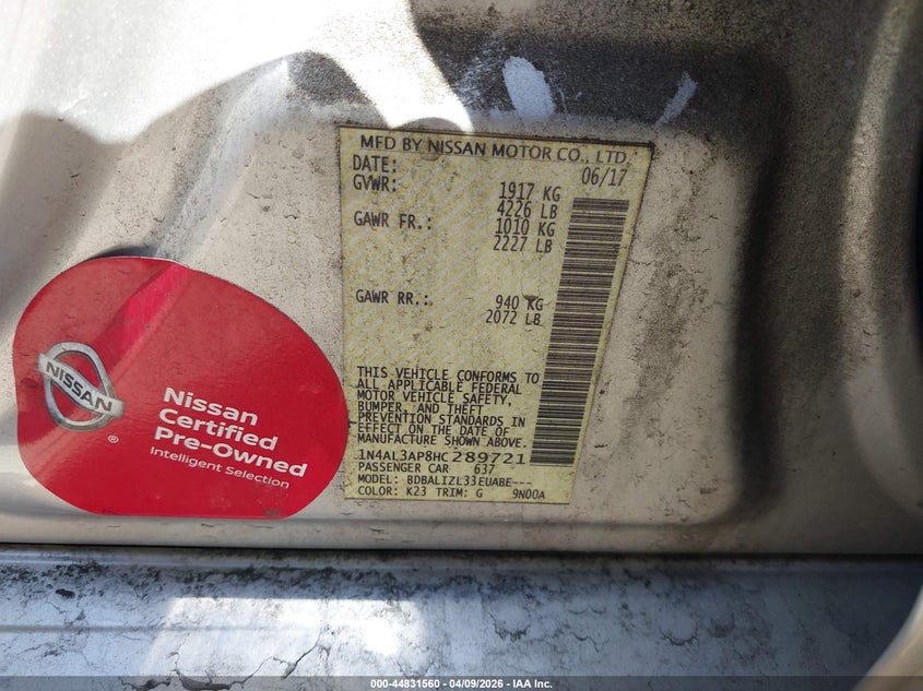 VIN 1N4AL3AP8HC289721 2017 NISSAN ALTIMA 2.5 SV