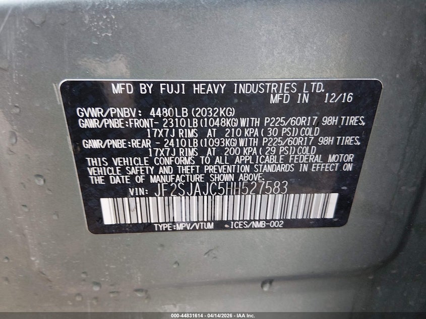 2017 Subaru Forester 2.5I Limited VIN: JF2SJAJC5HH527583 Lot: 44831614
