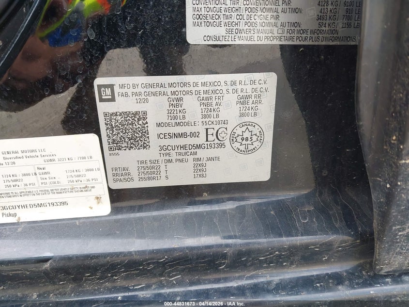 2021 Chevrolet Silverado 1500 High Country VIN: 3GCUYHED5MG193395 Lot: 44831673