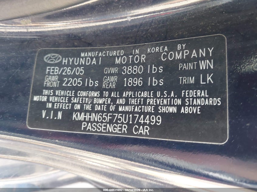 2005 Hyundai Tiburon Gt/Se VIN: KMHHN65F75U174499 Lot: 44831692