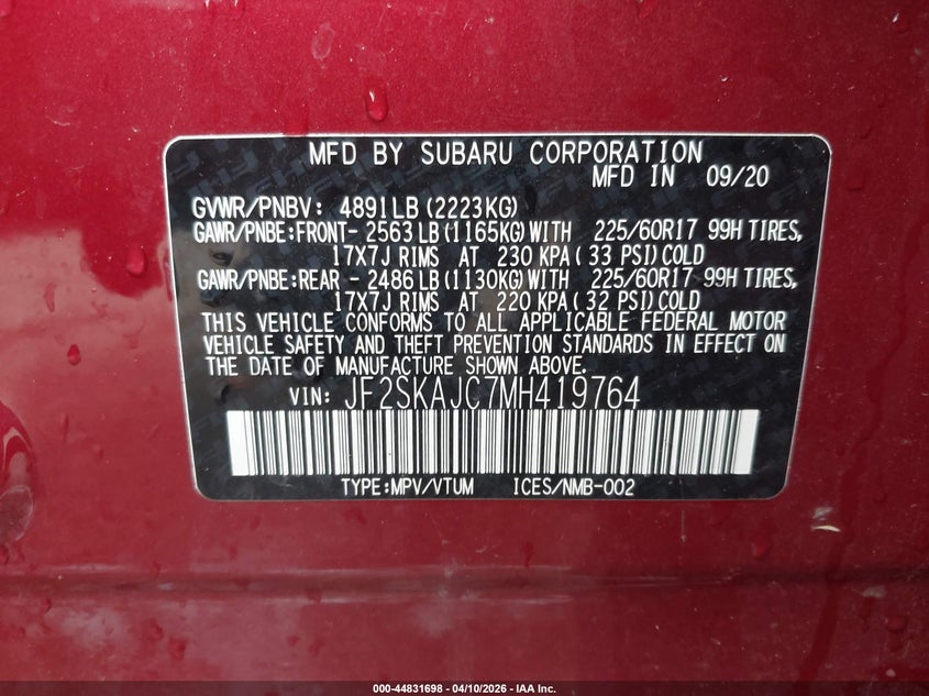 2021 Subaru Forester Premium VIN: JF2SKAJC7MH419764 Lot: 44831698