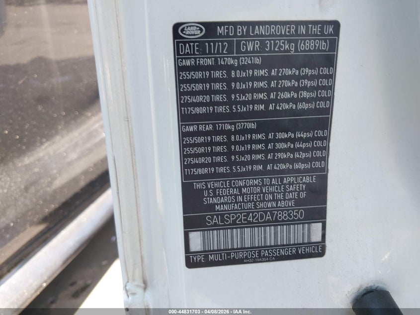 2013 Land Rover Range Rover Sport Supercharged VIN: SALSP2E42DA788350 Lot: 44831703