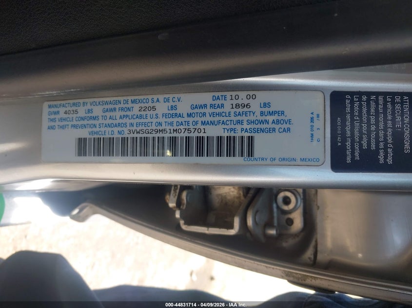 2001 Volkswagen Jetta Gls Vr6 VIN: 3VWSG29M51M075701 Lot: 44831714