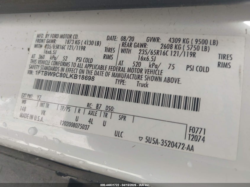 2020 Ford Transit-350 VIN: 1FTBW9C80LKB18698 Lot: 44831722