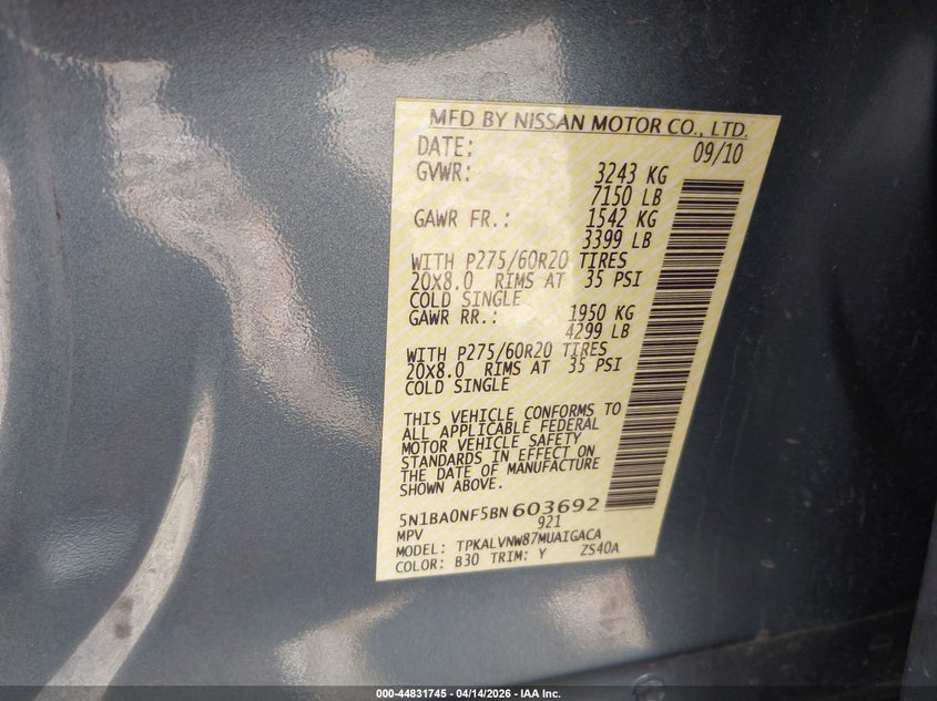 2011 Nissan Armada Platinum VIN: 5N1BA0NF5BN603692 Lot: 44831745