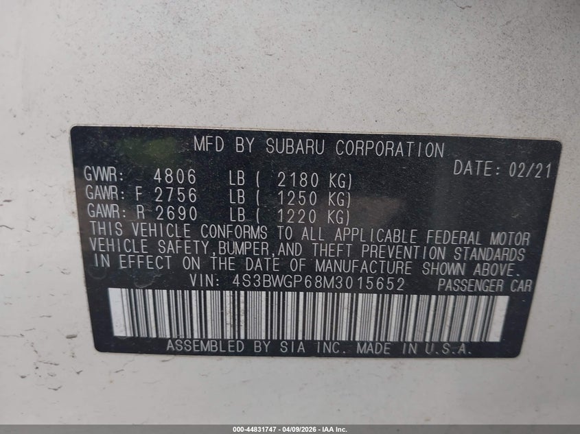 2021 Subaru Legacy Touring Xt VIN: 4S3BWGP68M3015652 Lot: 44831747