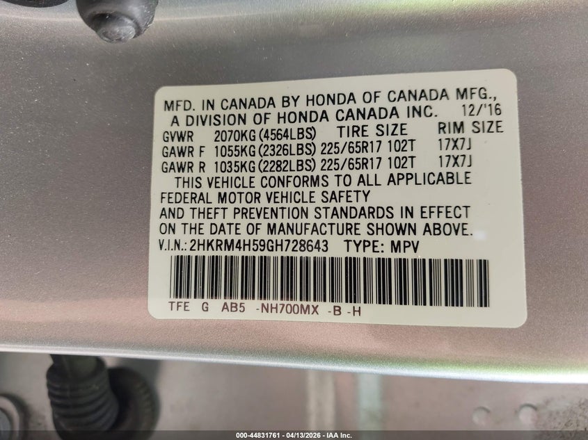 2016 Honda Cr-v 2.4 Cr-V Ex silver Lot 111044831761 Vin 2HKRM4H59GH728643