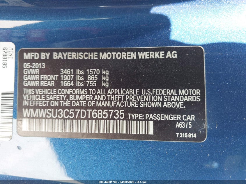 2013 Mini Hardtop Cooper VIN: WMWSU3C57DT685735 Lot: 44831780