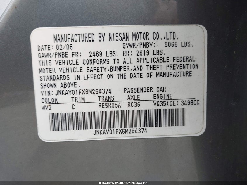 2006 Infiniti M35X VIN: JNKAY01FX6M264374 Lot: 44831782