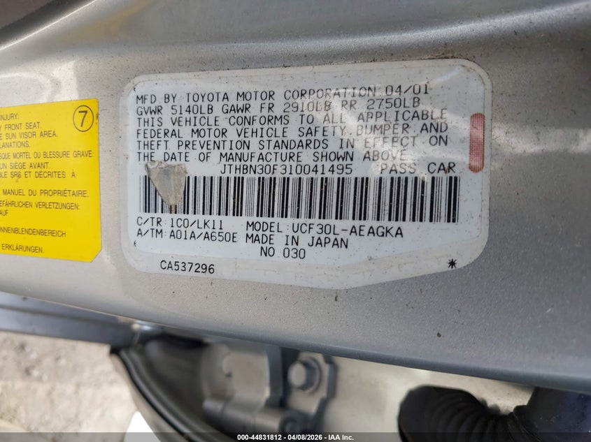 2001 Lexus Ls 430 VIN: JTHBN30F310041495 Lot: 44831812