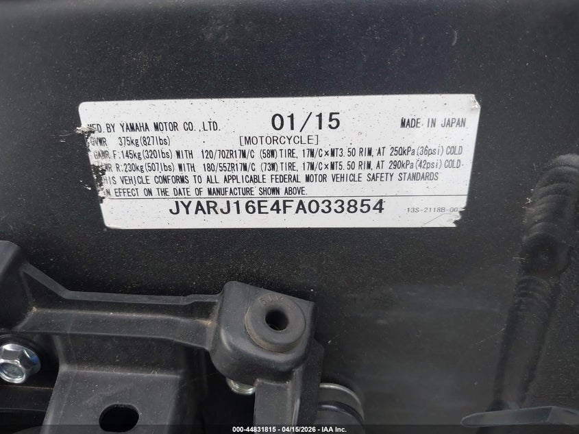 2015 Yamaha Yzfr6 VIN: JYARJ16E4FA033854 Lot: 44831815