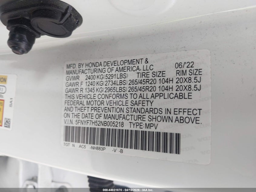 2022 Honda Passport 2Wd Ex-L VIN: 5FNYF7H52NB005218 Lot: 44831870