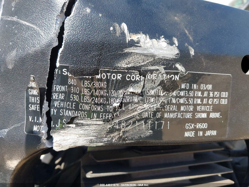 2008 Suzuki Gsx-R600 VIN: JS1GN7EA482111171 Lot: 44831878