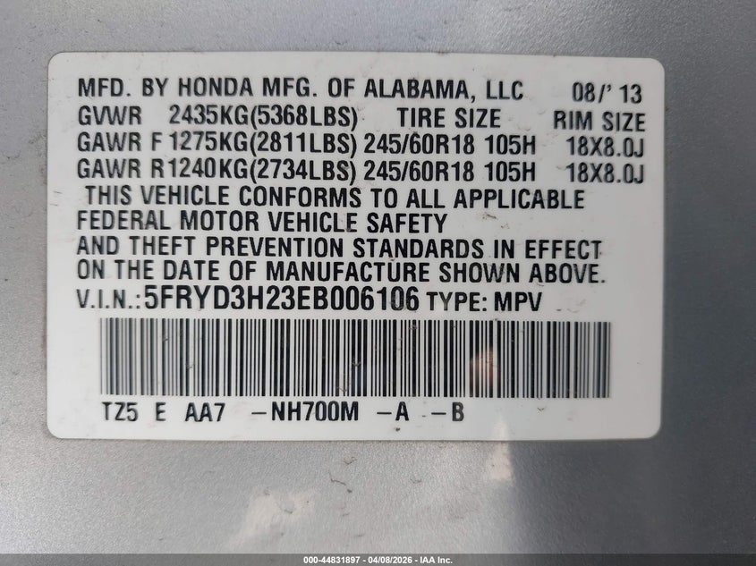 2014 Acura Mdx VIN: 5FRYD3H23EB006106 Lot: 44831897