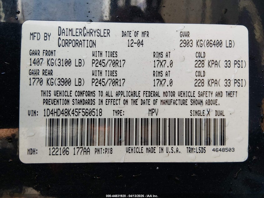 2005 Dodge Durango Slt VIN: 1D4HD48N15F503512 Lot: 44831928