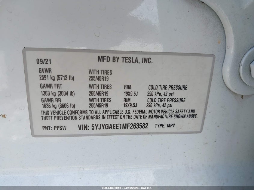 2021 Tesla Model y Long Range Dual Motor All-Wheel Drive white Lot 111044832013 Vin 5YJYGAEE1MF263582