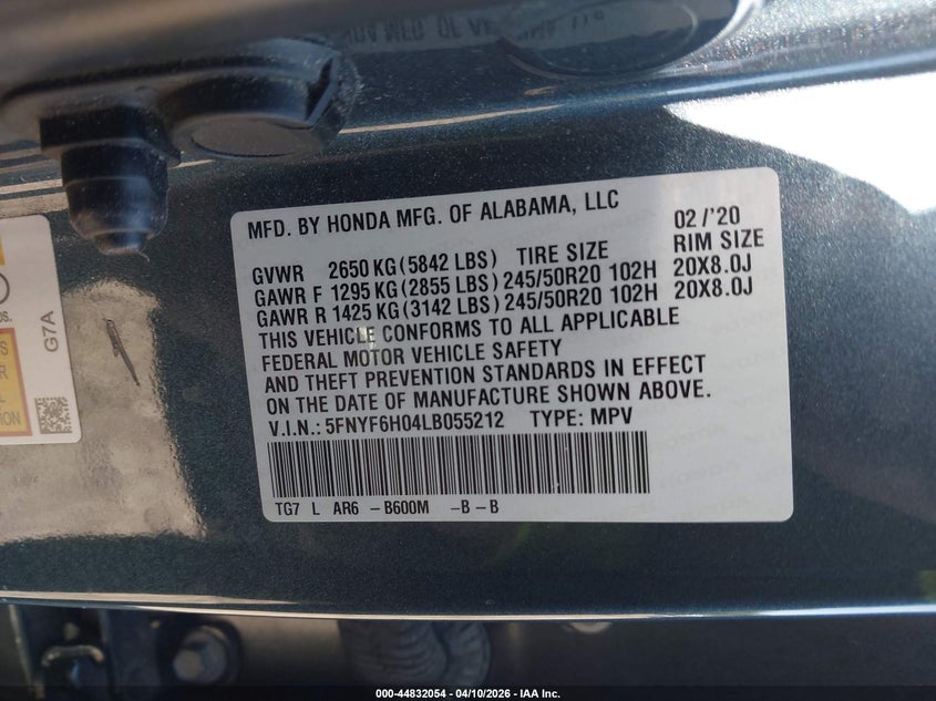 2020 Honda Pilot 3.5 Awd Elite Blue Lot 111044832054 Vin 5FNYF6H04LB055212