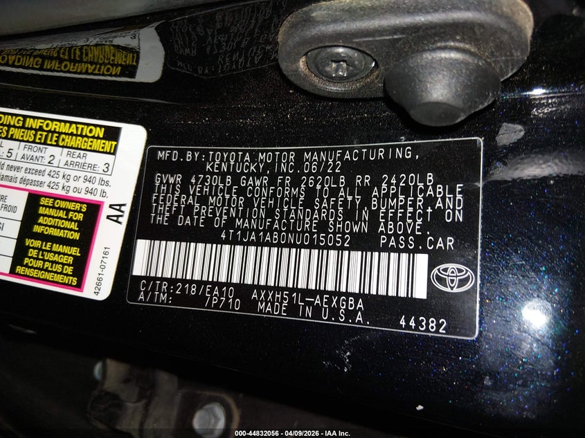 2022 Toyota Avalon Xle Hybrid VIN: 4T1JA1AB0NU015052 Lot: 44832056