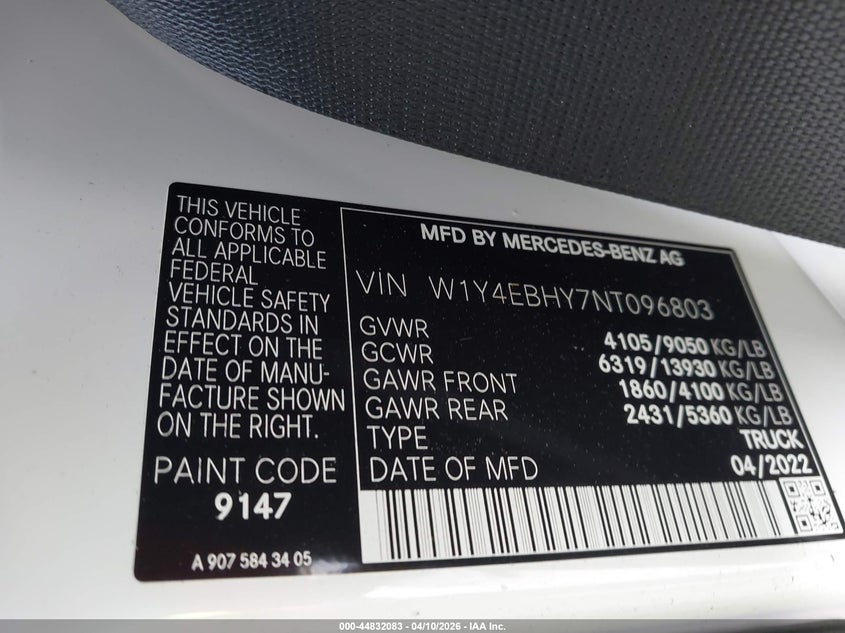 2022 Mercedes-Benz Sprinter 2500 Standard Roof V6 VIN: W1Y4EBHY7NT096803 Lot: 44832083