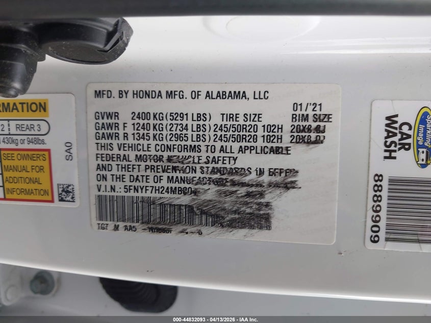 2021 Honda Passport 2Wd Sport VIN: 5FNYF7H24MB004611 Lot: 44832093