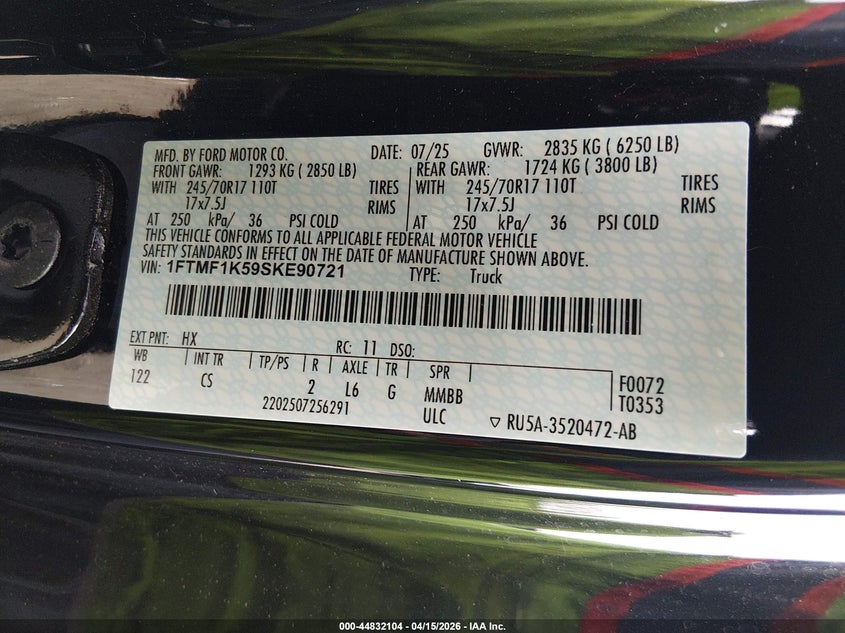 2025 Ford F-150 Xl VIN: 1FTMF1K59SKE90721 Lot: 44832104