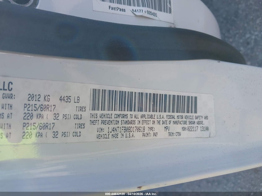 2011 Jeep Compass VIN: 1J4NT1FB0BD170618 Lot: 44832120