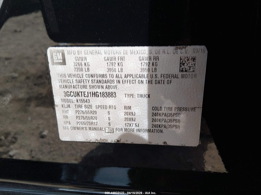 2017 Chevrolet Silverado 1500 High Country VIN: 3GCUKTEJ1HG183883 Lot: 44832123