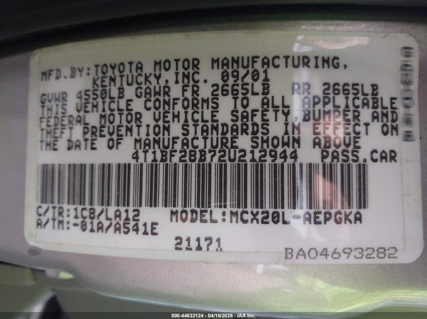 2002 Toyota Avalon Xls VIN: 4T1BF28B72U212944 Lot: 44832124