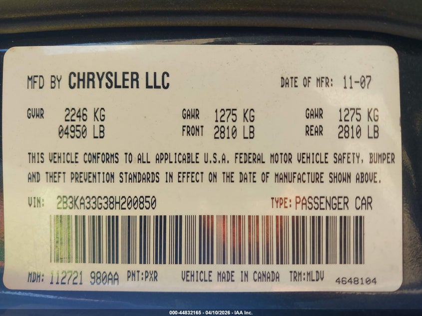 2008 Dodge Charger Sxt VIN: 2B3KA33G38H200850 Lot: 44832165