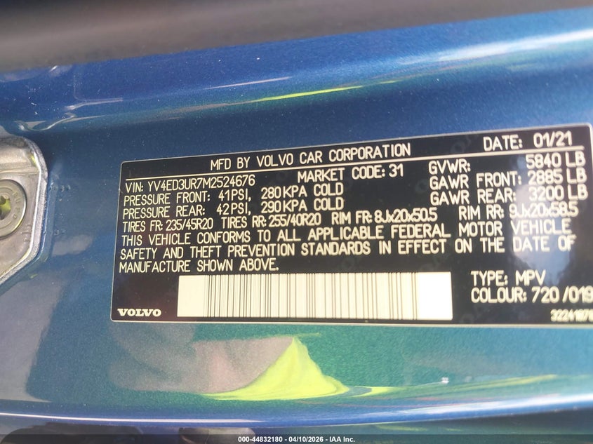 2021 Volvo Xc40 Recharge Pure Electric P8 VIN: YV4ED3UR7M2524676 Lot: 44832180
