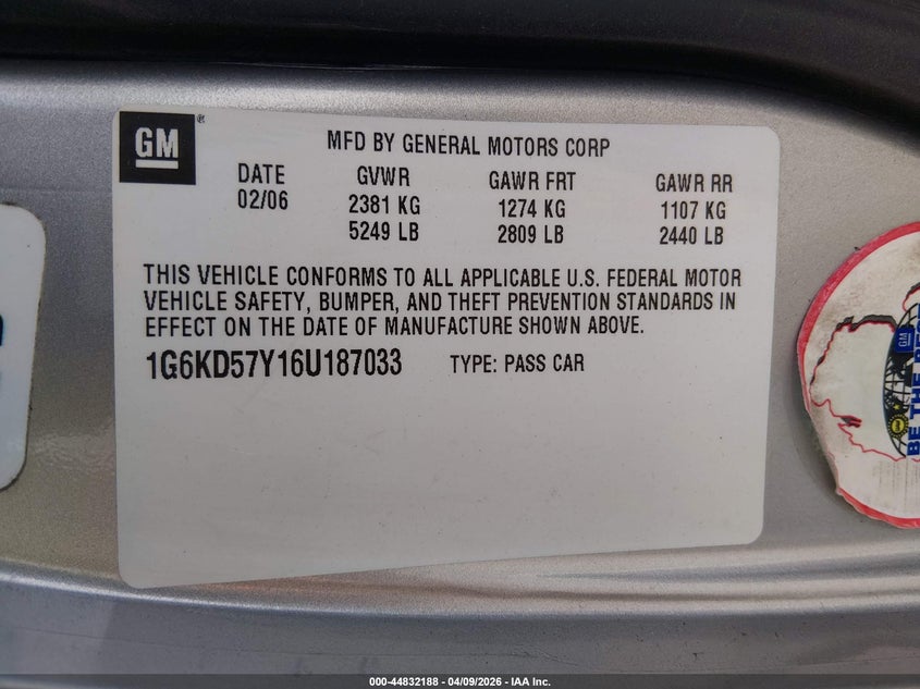 2006 Cadillac Dts Standard VIN: 1G6KD57Y16U187033 Lot: 44832188