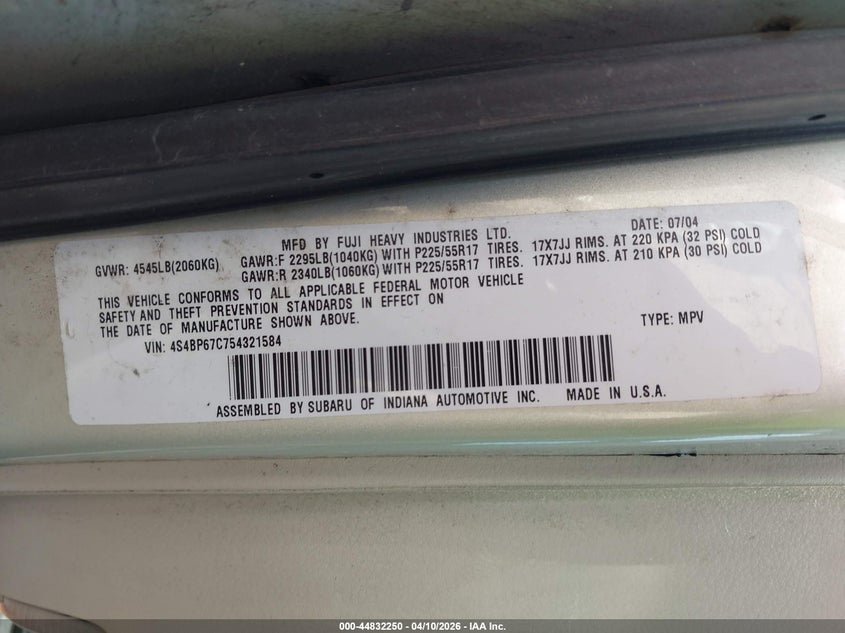 2005 Subaru Outback 2.5Xt Limited VIN: 4S4BP67C754321584 Lot: 44832250