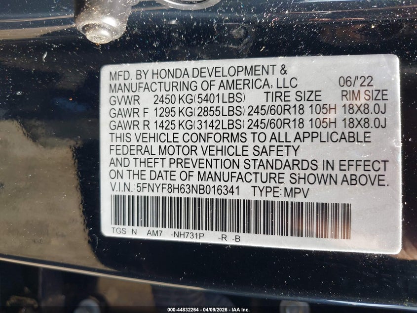 2022 Honda Passport Awd Trailsport VIN: 5FNYF8H63NB016341 Lot: 44832264