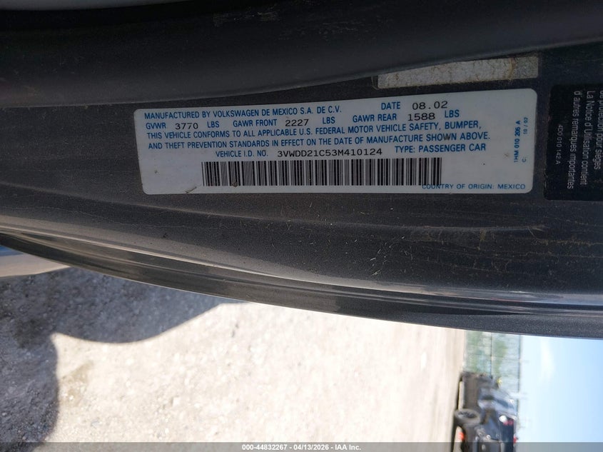 2003 Volkswagen New Beetle Glx VIN: 3VWDD21C53M410124 Lot: 44832267