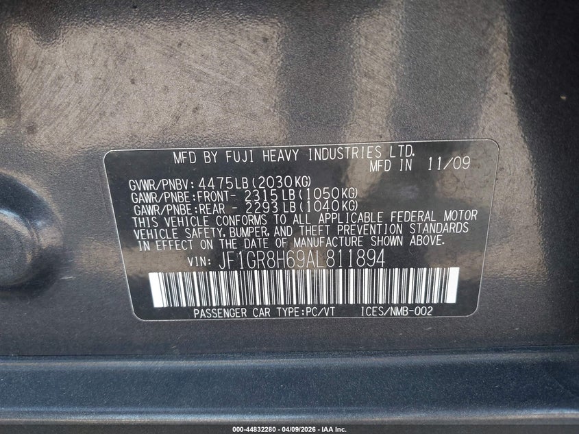 2010 Subaru Impreza Wrx Sti VIN: JF1GR8H69AL811894 Lot: 44832280