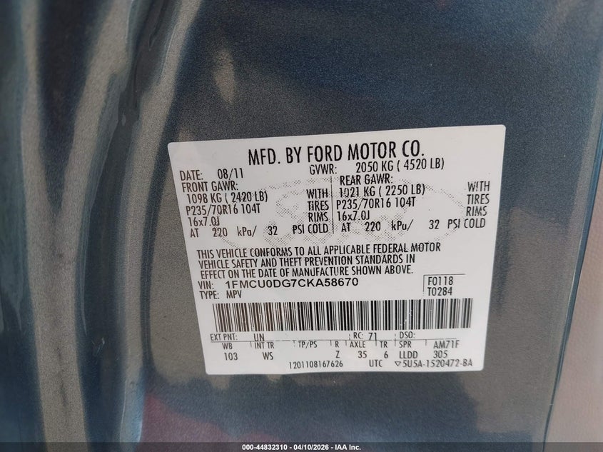 2012 Ford Escape 3.0 Xlt blue Lot 111044832310 Vin 1FMCU0DG7CKA58670