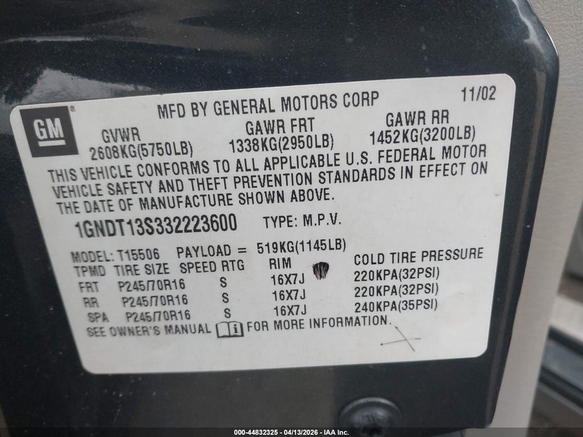 2003 Chevrolet Trailblazer Ls VIN: 1GNDT13S332223600 Lot: 44832325