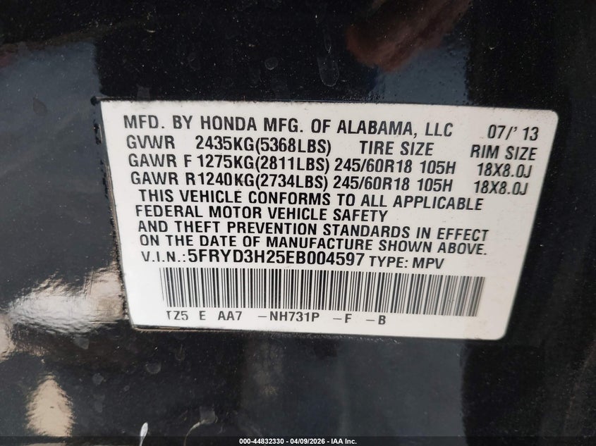 2014 Acura Mdx VIN: 5FRYD3H25EB004597 Lot: 44832330