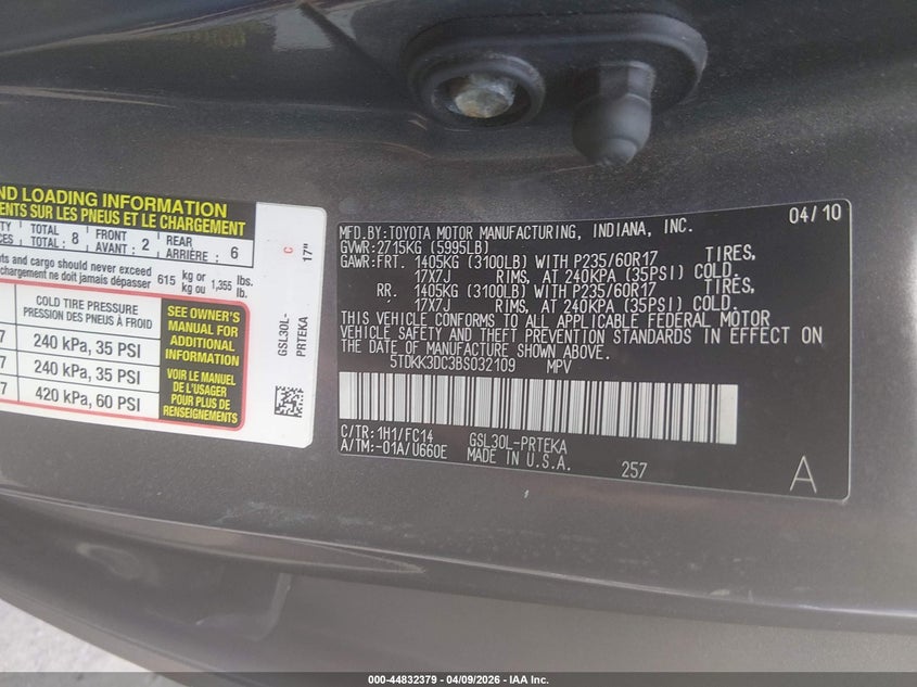 2011 TOYOTA SIENNA VAN 3.5L V-6 DOHC, VVT, 265HP