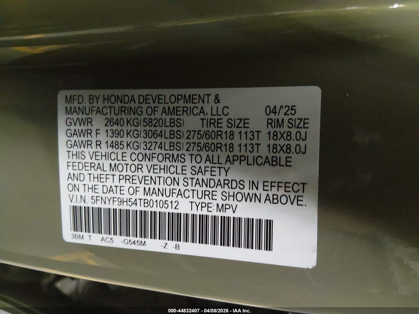 2026 Honda Passport Awd Trailsport/Awd Trailsport Blackout VIN: 5FNYF9H54TB010512 Lot: 44832407