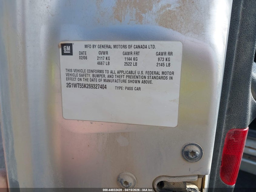 2006 Chevrolet Impala Lt VIN: 2G1WT55K269327404 Lot: 44832428