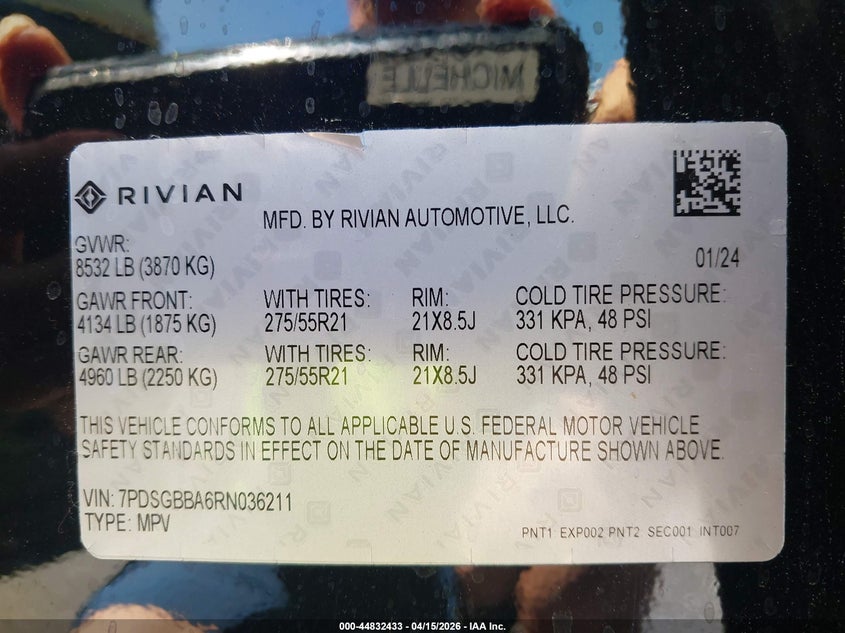 2024 Rivian R1S Adventure Dual Motor Large Pack/Adventure Dual Motor Perf Large Pack VIN: 7PDSGBBA6RN036211 Lot: 44832433
